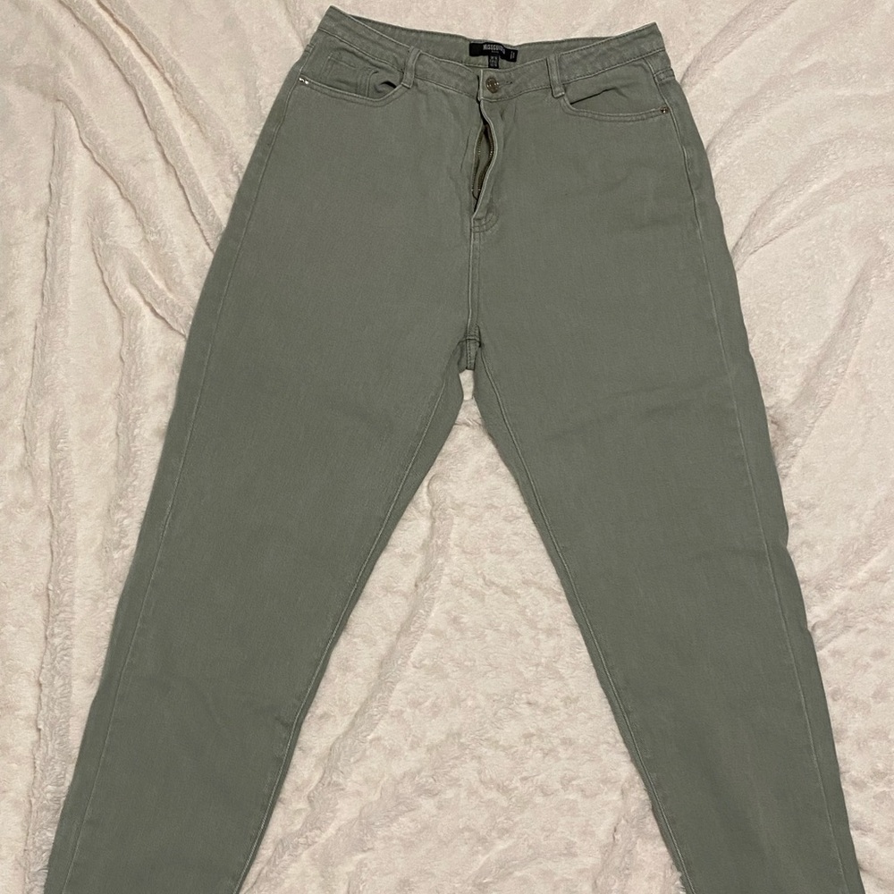 high waist long inseam sage green mom jeans